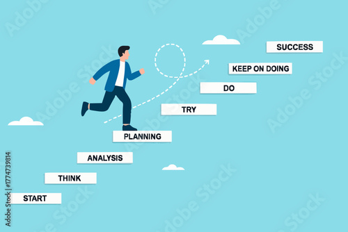 small step lead to success, the way to achieve big goal, step by step journey to reach success with small step, successful businessman climbs the ladder with a series of stages towards success