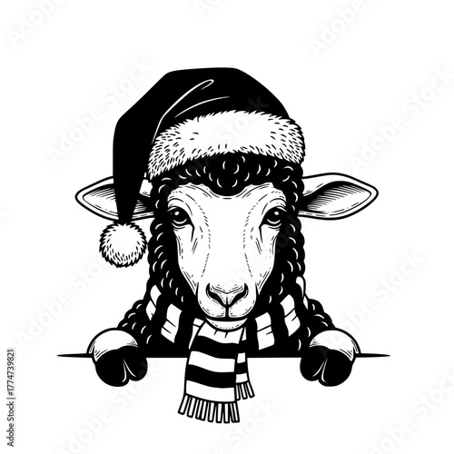 A festive sheep, adorned in a Christmas hat and scarf, embodies the holiday spirit, offering a friendly greeting against a clean, modern backdrop. vector illustration