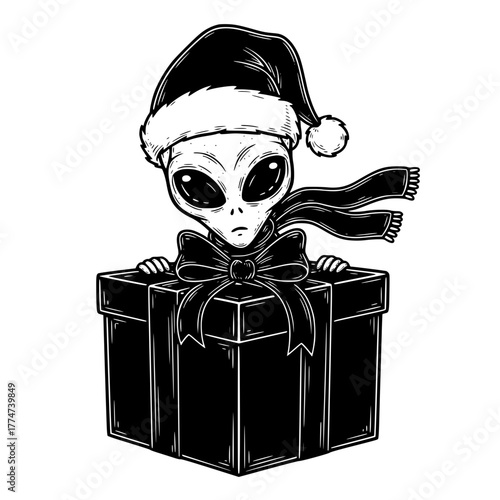 An extraterrestrial guest in a Santa hat emerges from a gift box, celebrating the holiday season. The image merges science fiction with festive cheer. vector illustration