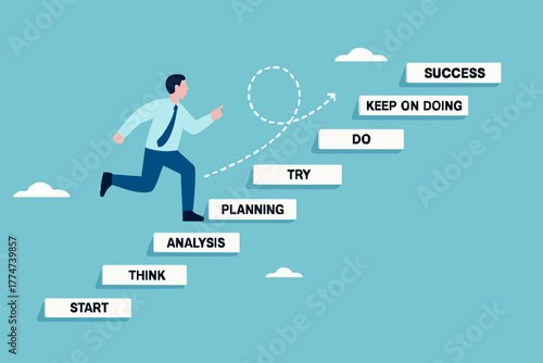small step lead to success, the way to achieve big goal, step by step journey to reach success with small step, successful businessman climbs the ladder with a series of stages towards success