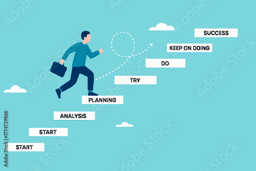 small step lead to success, the way to achieve big goal, step by step journey to reach success with small step, successful businessman climbs the ladder with a series of stages towards success
