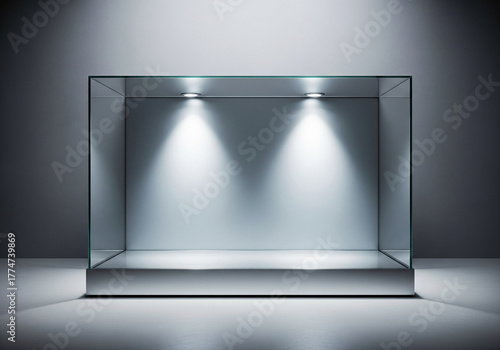 Elegant illuminated empty display case ready for showcasing luxury products or art with professional studio lighting and modern design