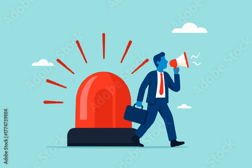 state of emergency declaration, provide emergency information to others as a precaution, warning about danger concept, businessman with megaphone giving instructions about current state of emergency