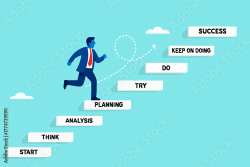 small step lead to success, the way to achieve big goal, step by step journey to reach success with small step, successful businessman climbs the ladder with a series of stages towards success