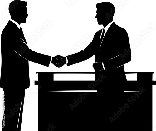 Two business people shaking hands at a reception desk with luggage silhouette
