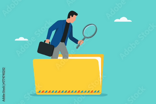 Document, search or file archive, office contract concept, research papers or documentation files, company documents archive, businessman looking for files in a document file using a magnifying glass