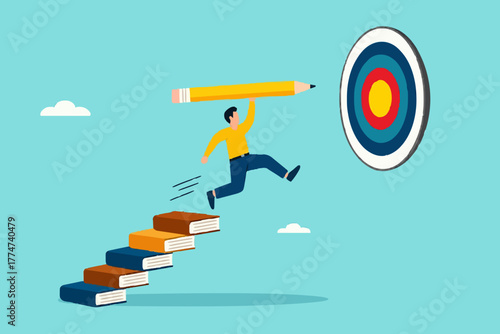 achieving education goals, strategies for achieving success with higher education, courses or skills development, Businesspeople create ladders from books to target educational goals with pencil