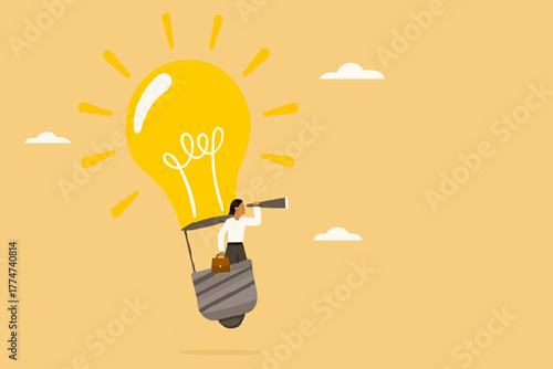 looking for business opportunities with knowledge, creative idea to see business opportunity, businesswoman riding a light bulb-shaped hot air balloon to observe business opportunities