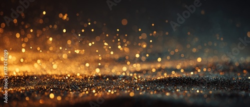 Shimmering Golden Glitter Surface with Magical Floating Bokeh Lights on a Dark Background
