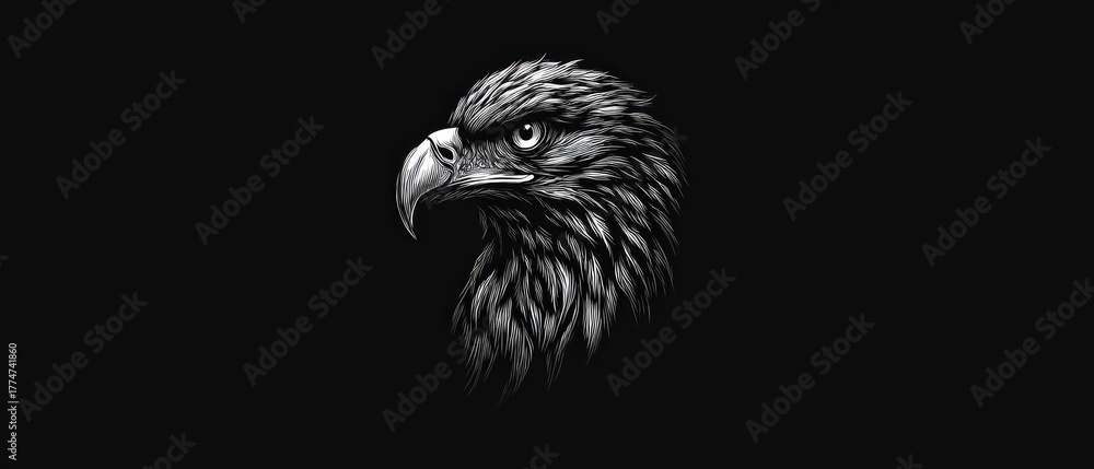 Fototapeta premium Majestic Eagle Head Profile: Intricate White Line Art with Piercing Eye on Deep Black Background