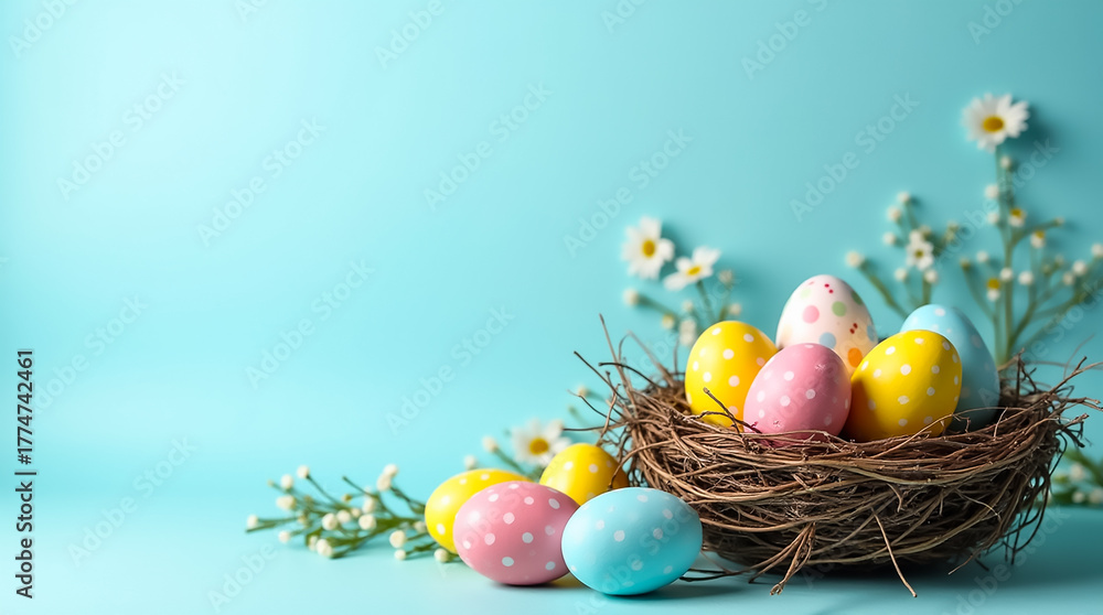 Obraz premium Colorful Easter eggs arranged in a nest with flowers on a pastel blue background during spring season