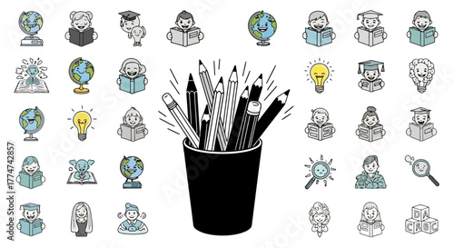 Collection of various education related icons including happy diverse students globes lightbulbs books and a pencil holder on white background