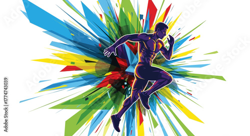 Dynamic illustration of a runner in motion with an explosion of colorful abstract shapes behind them, symbolizing energy and speed.
