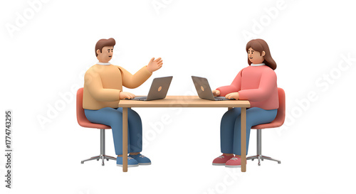 3d icon of two cartoon people sitting at a table with laptops isolated on transparent background