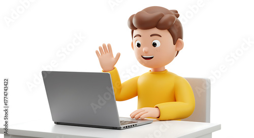 3d icon of cartoon boy waving hello at laptop isolated on transparent background