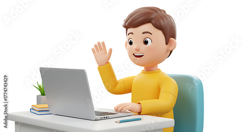 3d icon of cartoon boy waving hello at laptop isolated on transparent background