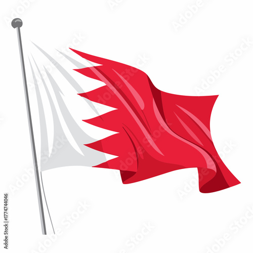 Vector illustration of a red and white flag waving on a pole against white background
