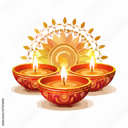 Vibrant diwali oil lamps illustration against white background