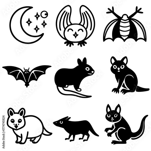 Collection of nocturnal animals and celestial objects isolated on white