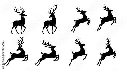 Set of Elegant Black Christmas Reindeer Silhouettes in Standing and Jumping Poses - Vector Icon Pack