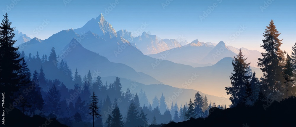 Obraz premium Serene Mountain Landscape: Silhouetted Trees, Misty Peaks, and Atmospheric Light.