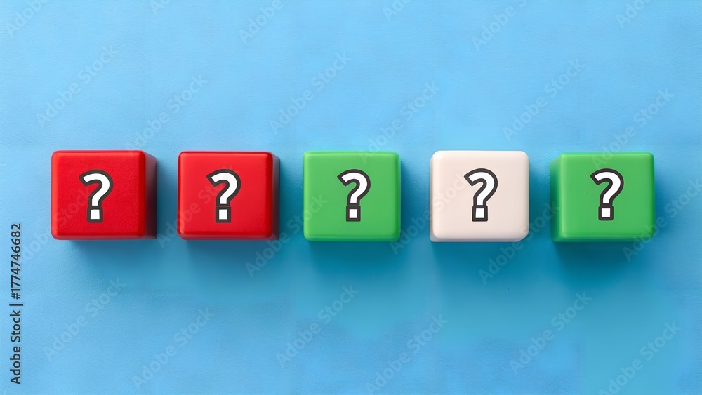 Obraz premium Color Code Puzzle – Front View Conceptual Symbolism, Question Mark Blocks in Red, Green, and White Sequence, Inquiry Metaphor, Blue Background