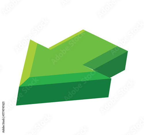 A three dimensional green arrow pointing left on a white background in a digital rendering style vector