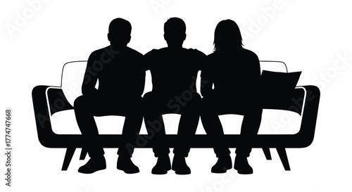 Three friends or family members sitting closely together on a sofa in silhouette against a white background