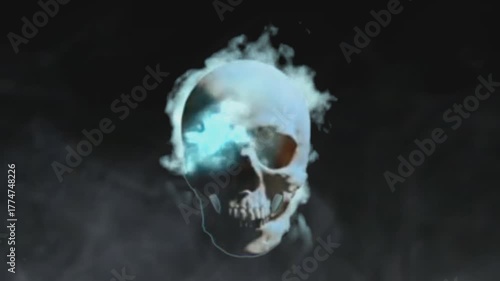 Eerie Glowing Skull in Smoke with Blue Fire Effects on black background 