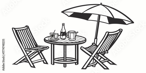Charming outdoor cafe scene drawing for summer vacation promotion, stylish bistro table and chairs artwork