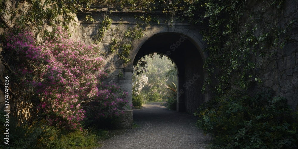 Obraz premium Stone Archway With Lush Greenery And Pink Flowers In A Serene Garden. Tranquil Nature Escape