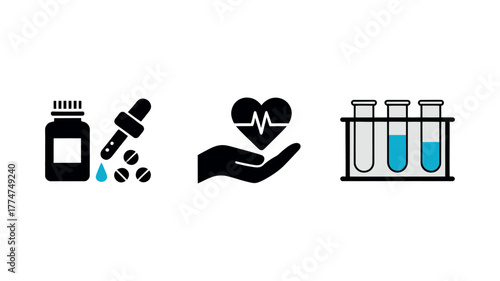 Illustration of medicine bottle, dropper, pills, heart in hand, test tubes, on a white background design illustration, artwork, vector