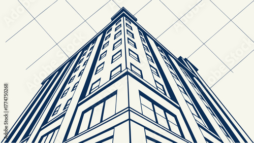 Architectural drawing showcases modern building design with perspective lines