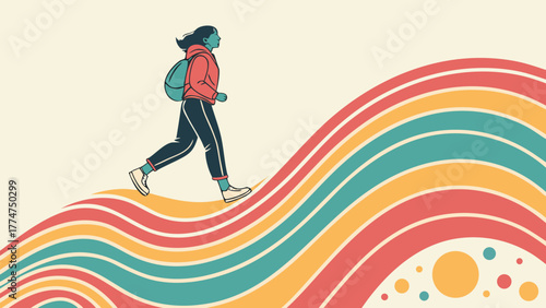 Woman Hiking Up Rainbow