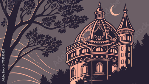 Enchanting fairytale castle under crescent moon evoking dreamy storybook scene