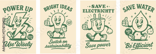 Vintage eco mascot posters promoting recycling, green living and environmental awareness