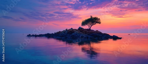 Dreamlike Twilight Seascape: Solitary Tree on a Rocky Isle Bathed in Purple and Pink Light