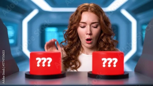 Woman Chooses Between Two Buttons