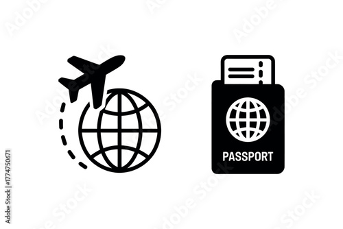 Airplane circling globe next to passport with ticket representing international travel and vacation planning, illustration, artwork, vector