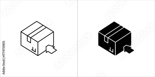 Isometric black and white icon of a package with an arrow indicating entry, representing inbound logistics