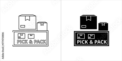 Black and white illustration of boxes on a shelf labeled pick pack, symbolizing logistics and shipping