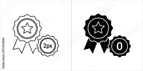 Award ribbon badge icon with star and zero, in outline and solid black