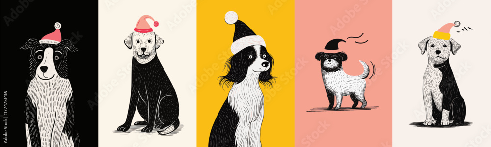 Obraz premium Cute doodle illustration of dogs wearing Santa hats on colorful background for Christmas celebration design