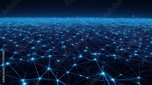 Expansive network of glowing blue nodes and connecting lines on a dark background, suggesting digital infrastructure