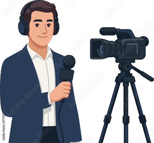 Reporter field recording with professional video camera and tripod, formal blue suit, handheld microphone and headphones