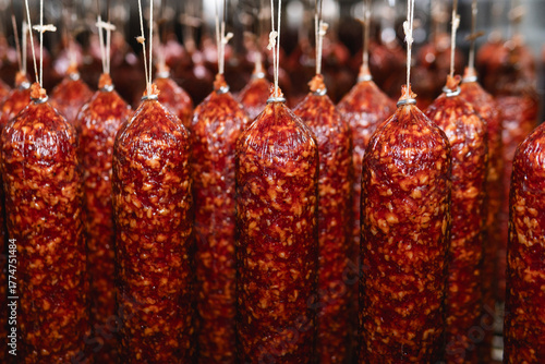 Smoked sausage production line in the factory