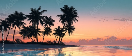 Serene Tropical Beach at Dusk with Silhouetted Palm Trees and Reflective Ocean Waters