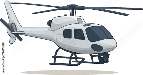 Helicopter illustration with streamlined white and gray fuselage hovering against dark vertical-line background