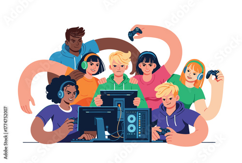 Diverse group of young gamers playing together on computers and consoles, focused on teamwork, eSports competition, and fun.