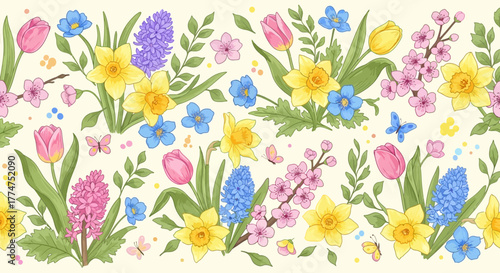 Seamless spring floral border pattern with colorful tulips, daffodils, hyacinths, and cherry blossoms, adorned with butterflies and green foliage.